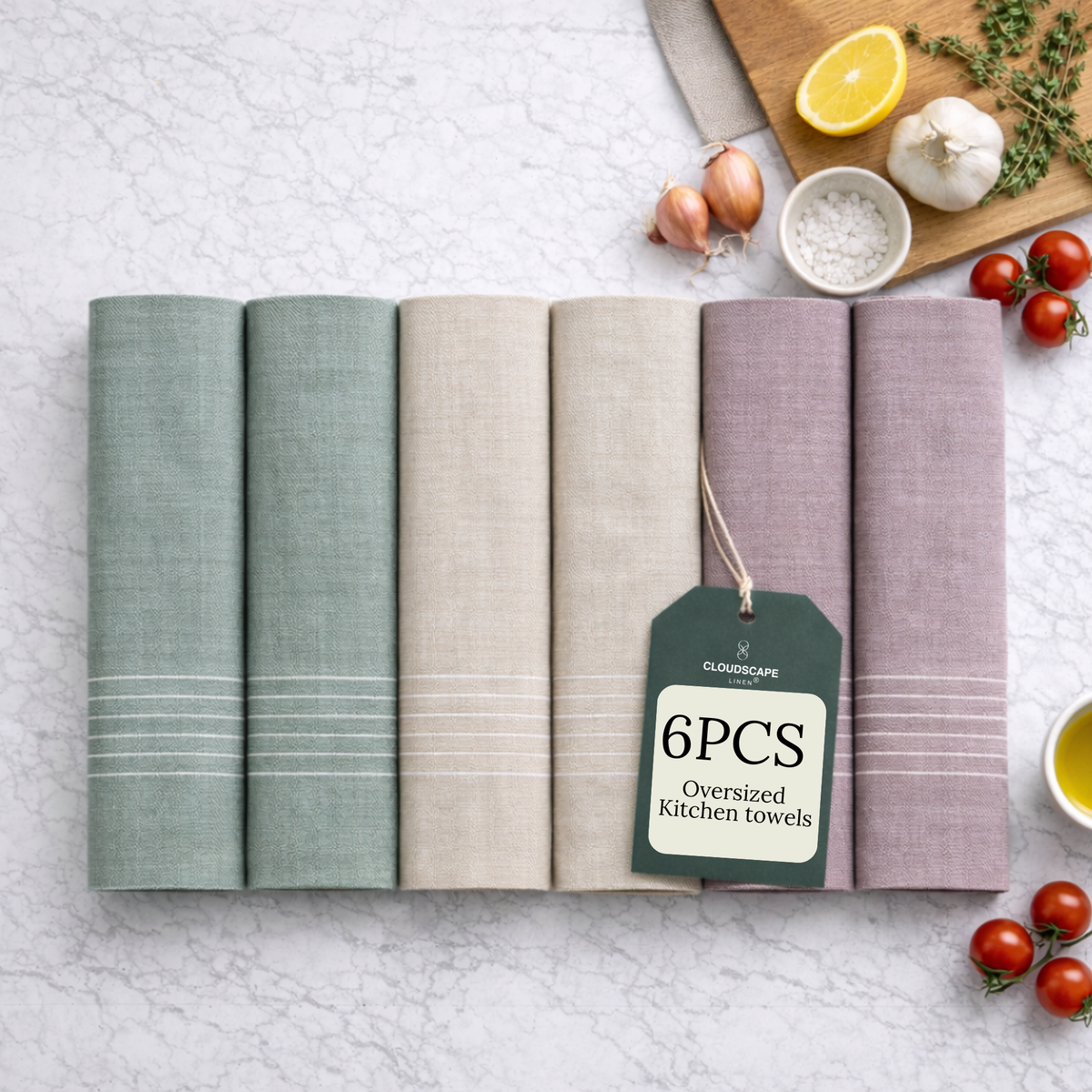 6-Piece Oversized Ribbed Slub Kitchen Towels - Beige, Olive, Rust