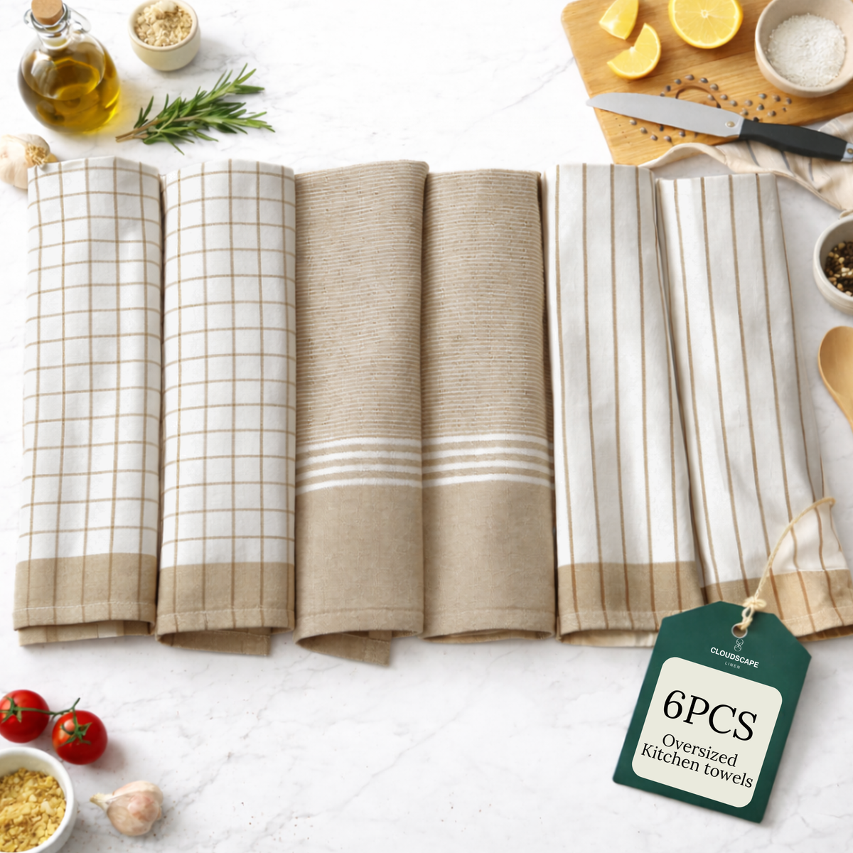 6-Piece Oversized Cotton Kitchen Towels - Beige