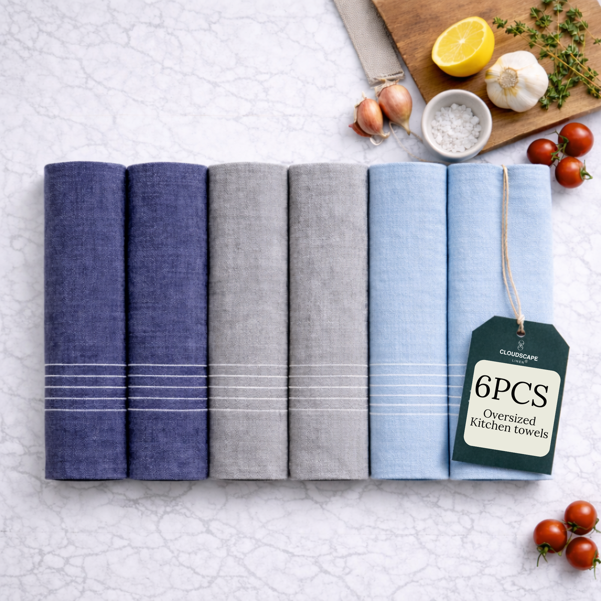 6-Piece Oversized Ribbed Slub Kitchen Towels - Aqua, Indigo, Grey