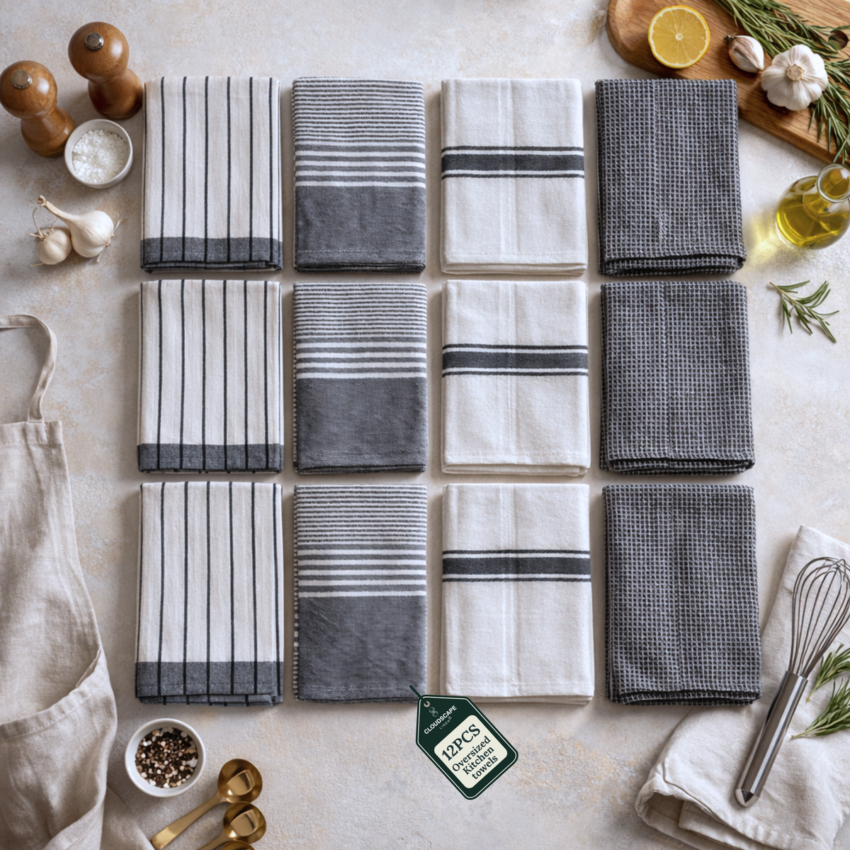12-Piece Oversized Kitchen Towels: Grey