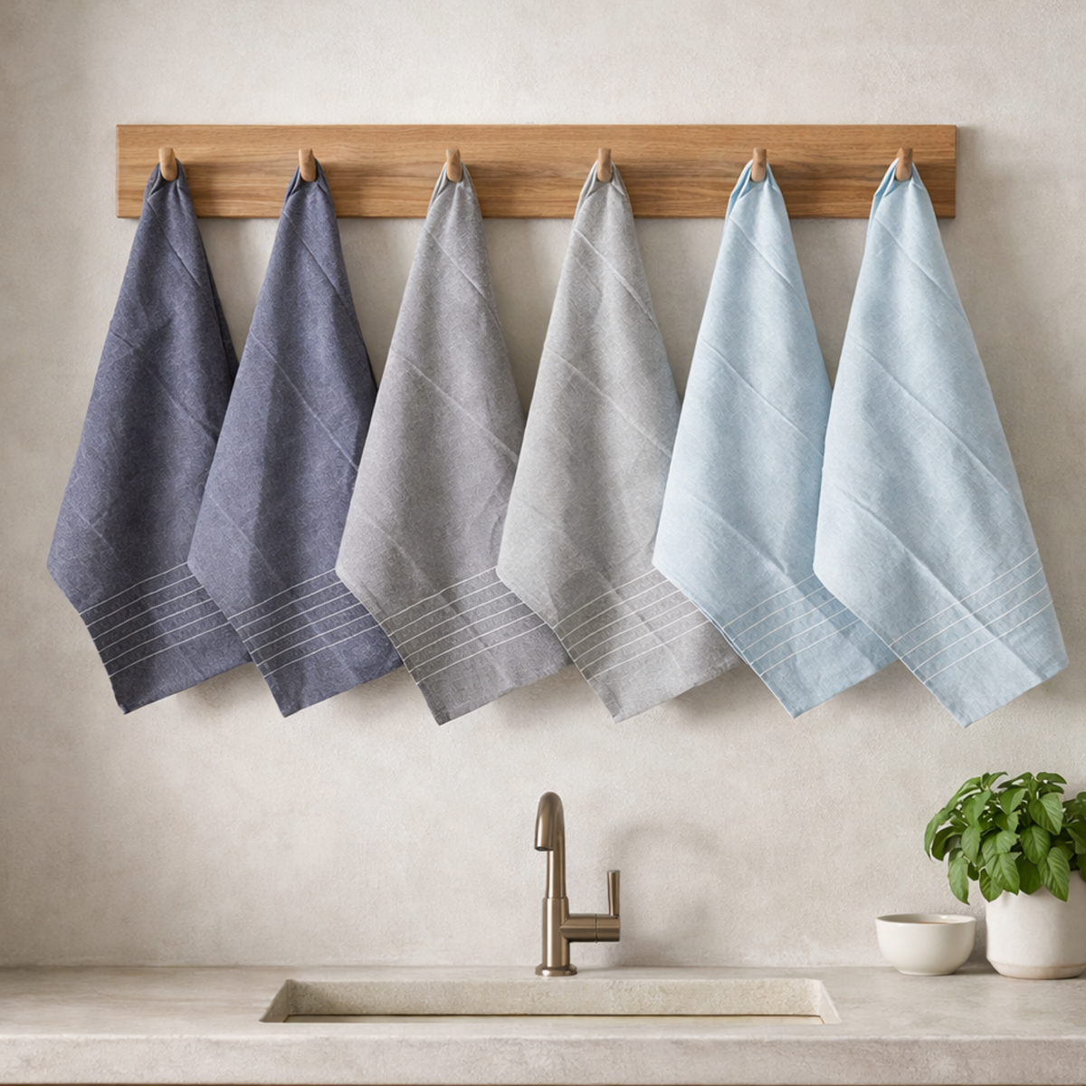 6-Piece Oversized Ribbed Slub Kitchen Towels - Aqua, Indigo, Grey
