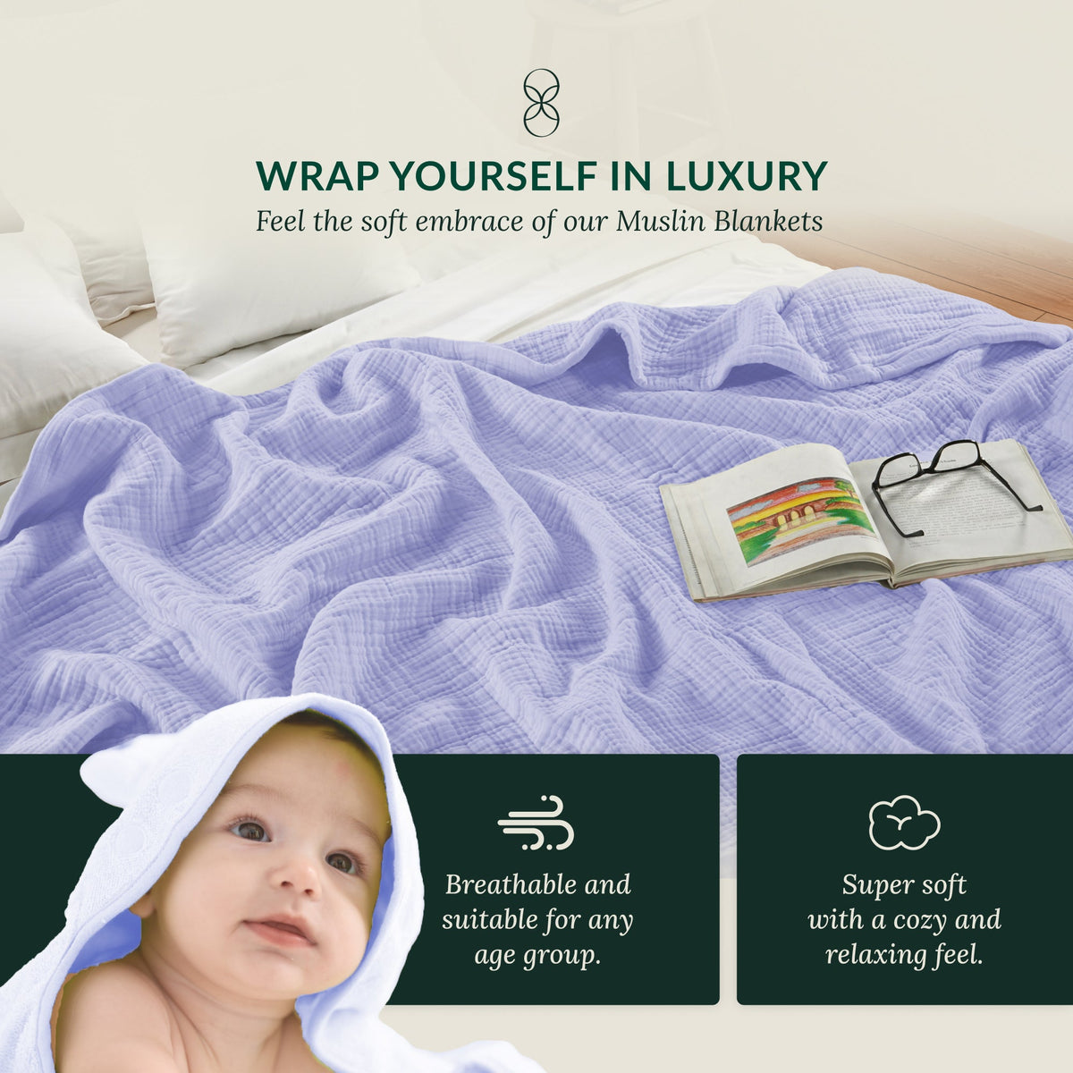 4 Layer Cotton Muslin Blanket - Lavender Blue