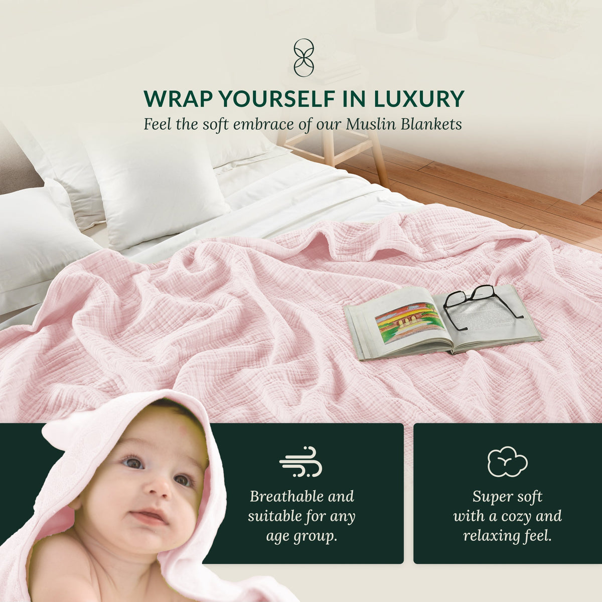 4 Layer Cotton Muslin Blanket - Seashell Pink