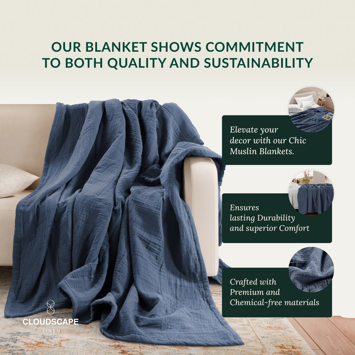 4 Layer Cotton Muslin Blanket - Ensign Blue