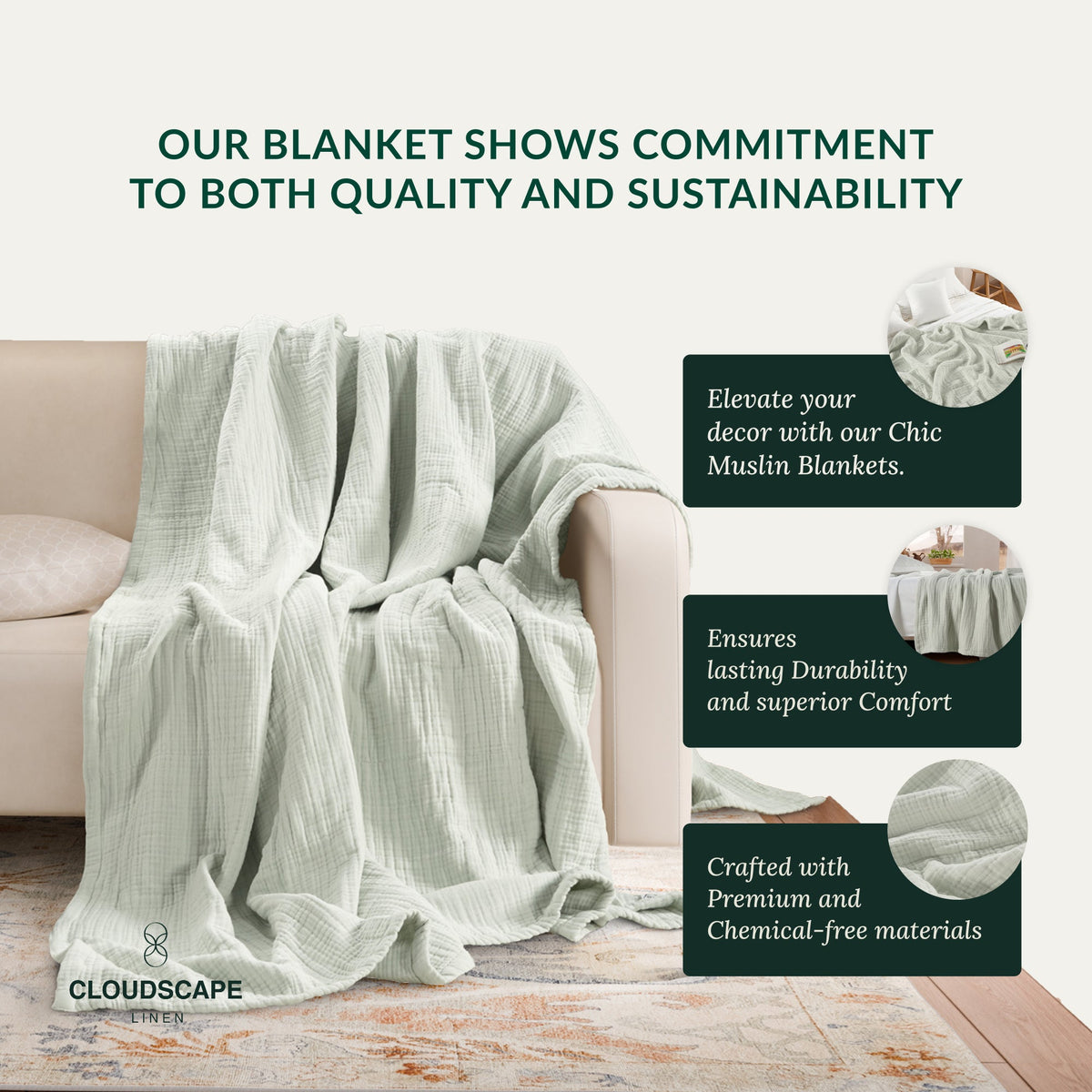 4 Layer Cotton Muslin Blanket: Sea Foam