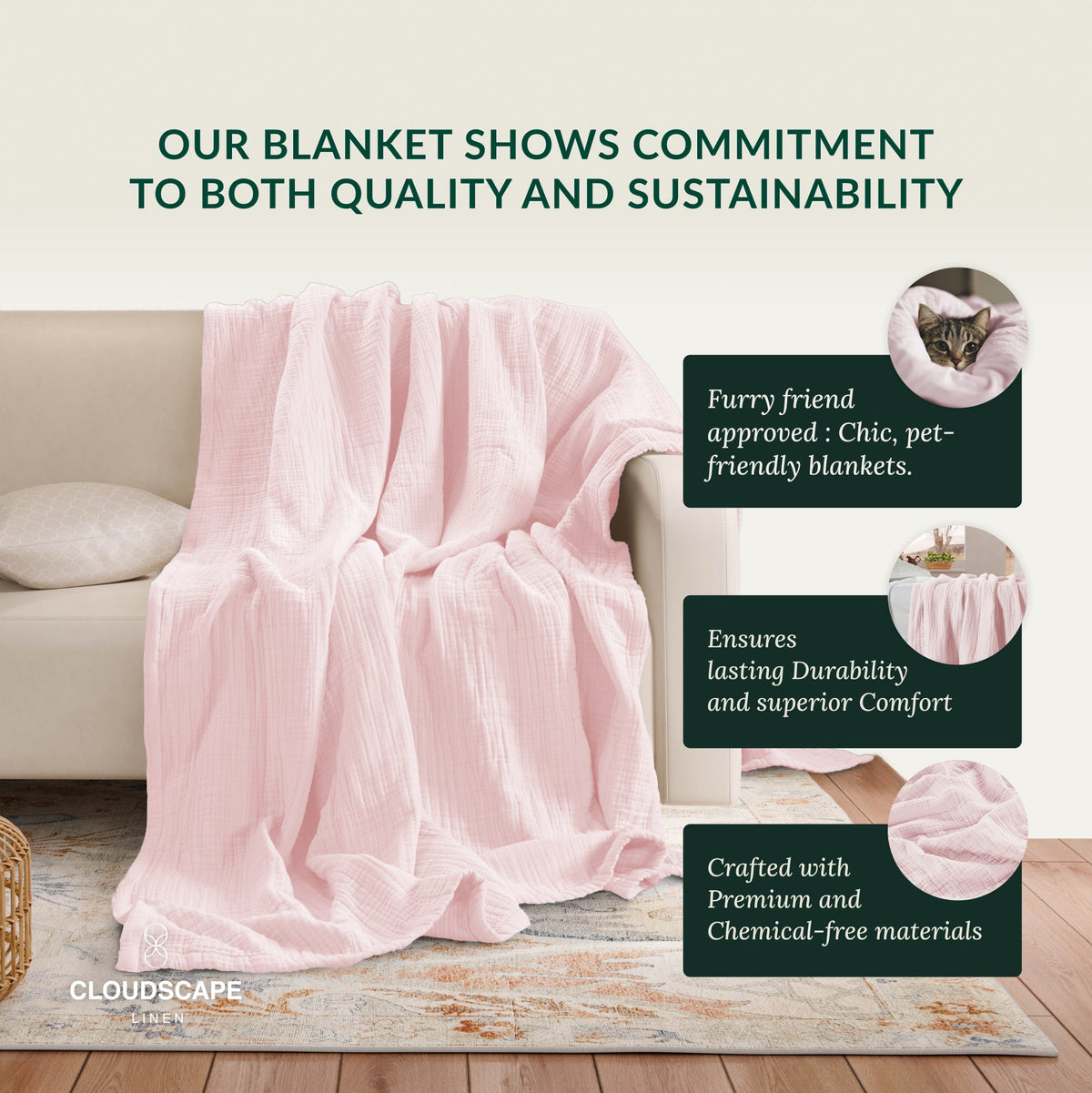 4 Layer Cotton Muslin Blanket - Seashell Pink