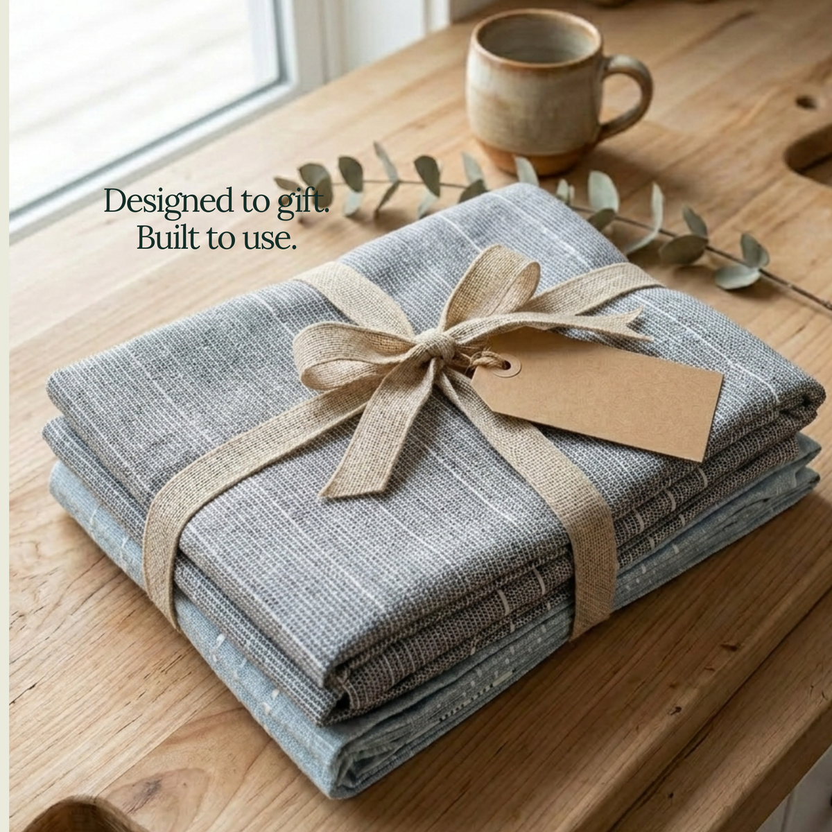 6-Piece Oversized Ribbed Slub Kitchen Towels - Aqua, Indigo, Grey