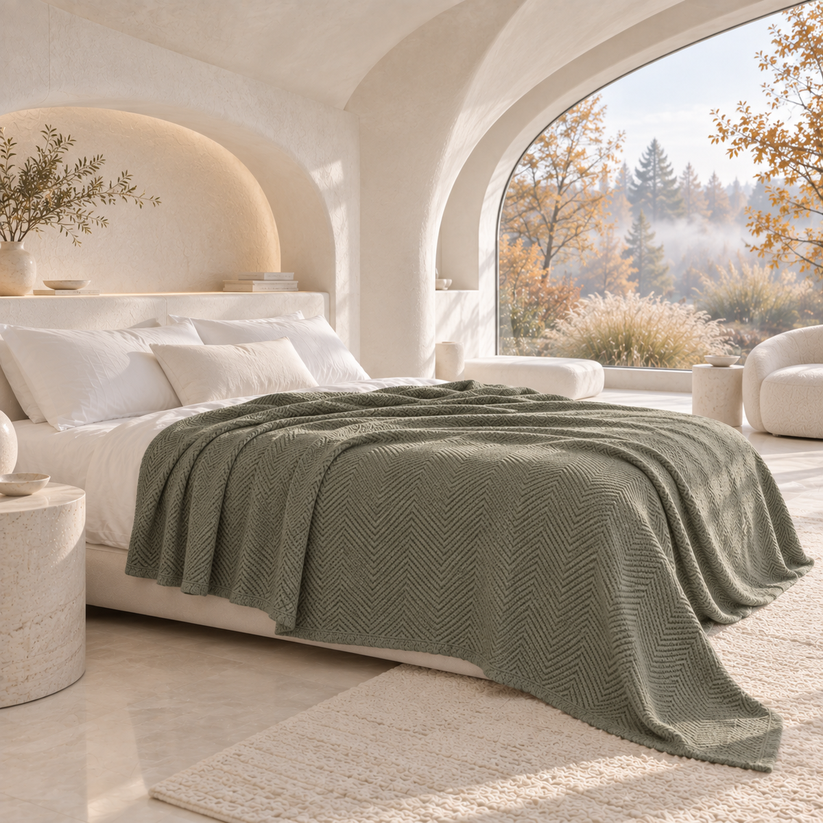 Cotton Herringbone Blanket: Olive Green