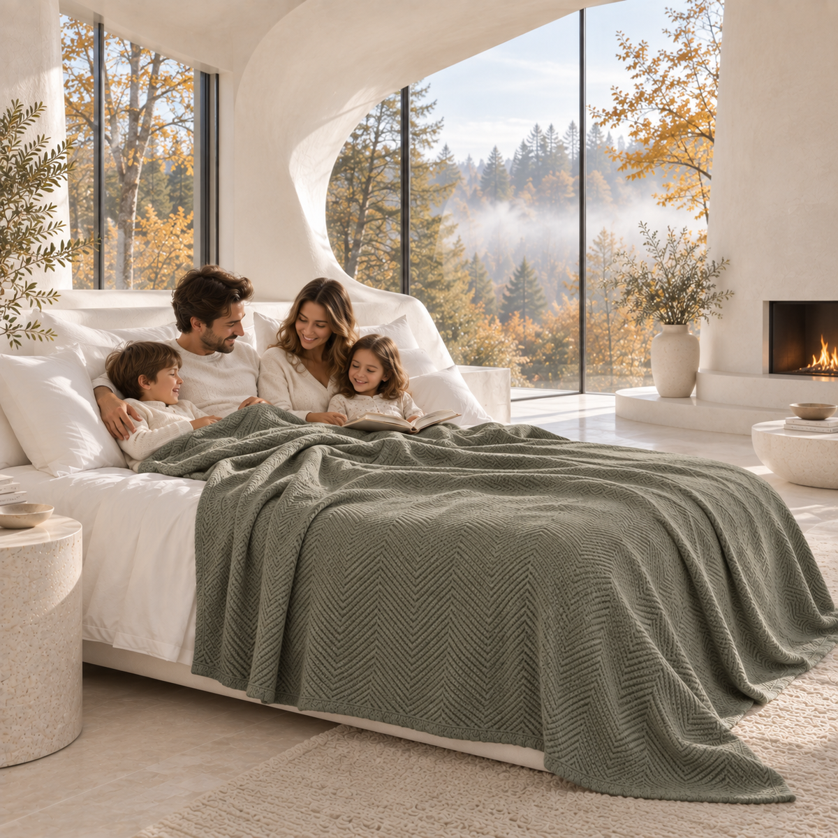 Cotton Herringbone Blanket: Olive Green
