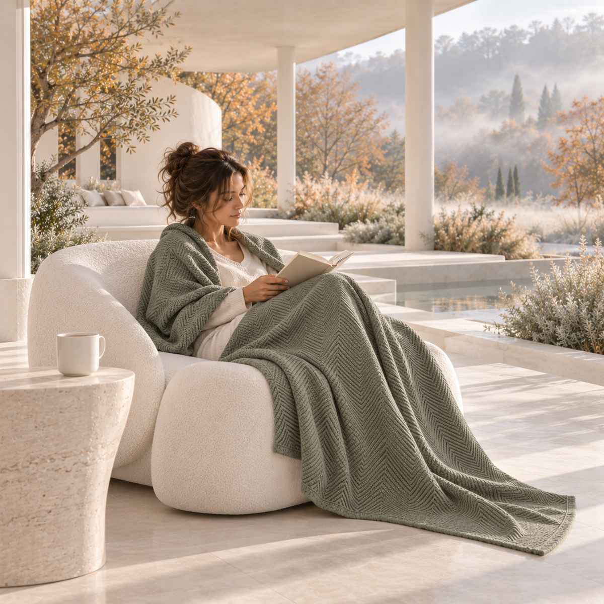 Cotton Herringbone Blanket: Olive Green