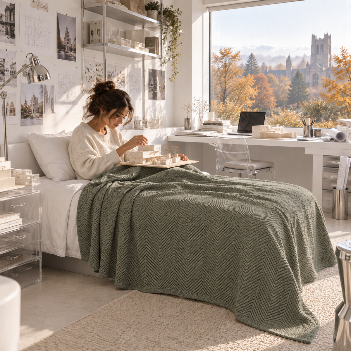 Cotton Herringbone Blanket: Olive Green