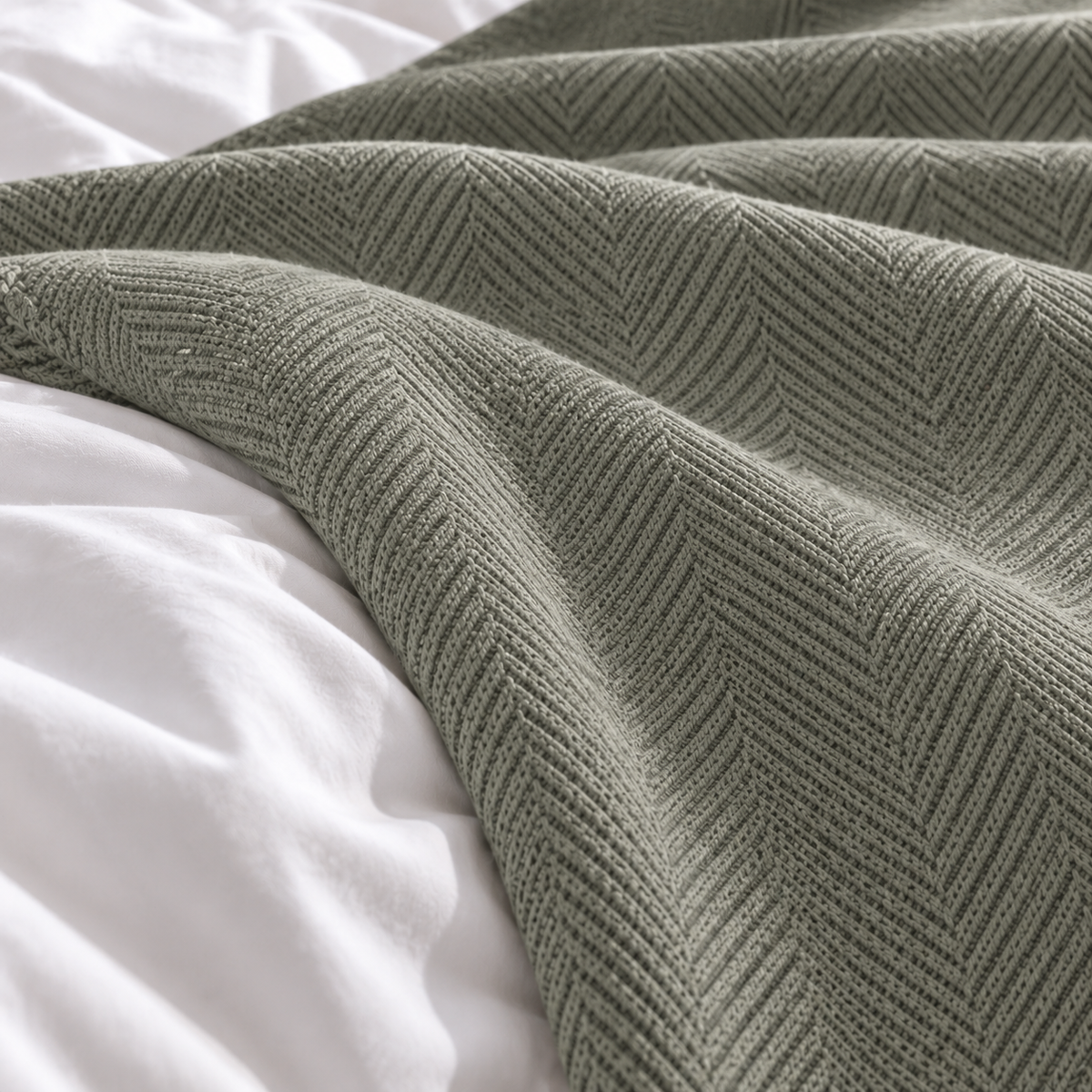 Cotton Herringbone Blanket: Olive Green