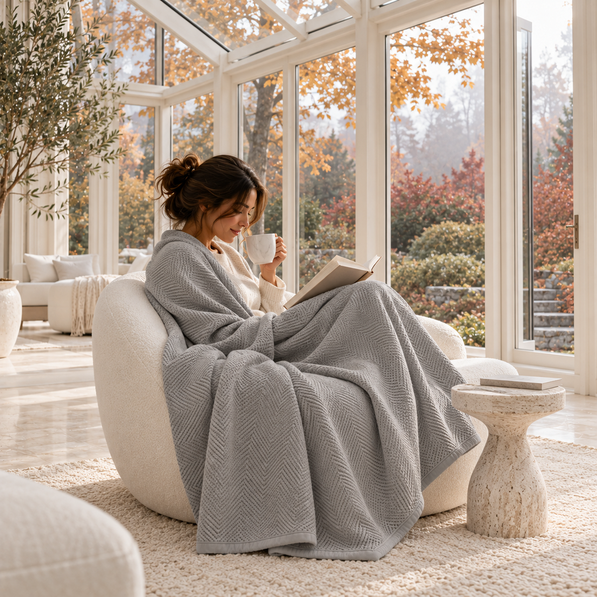 Cotton Herringbone Blanket: Light Grey