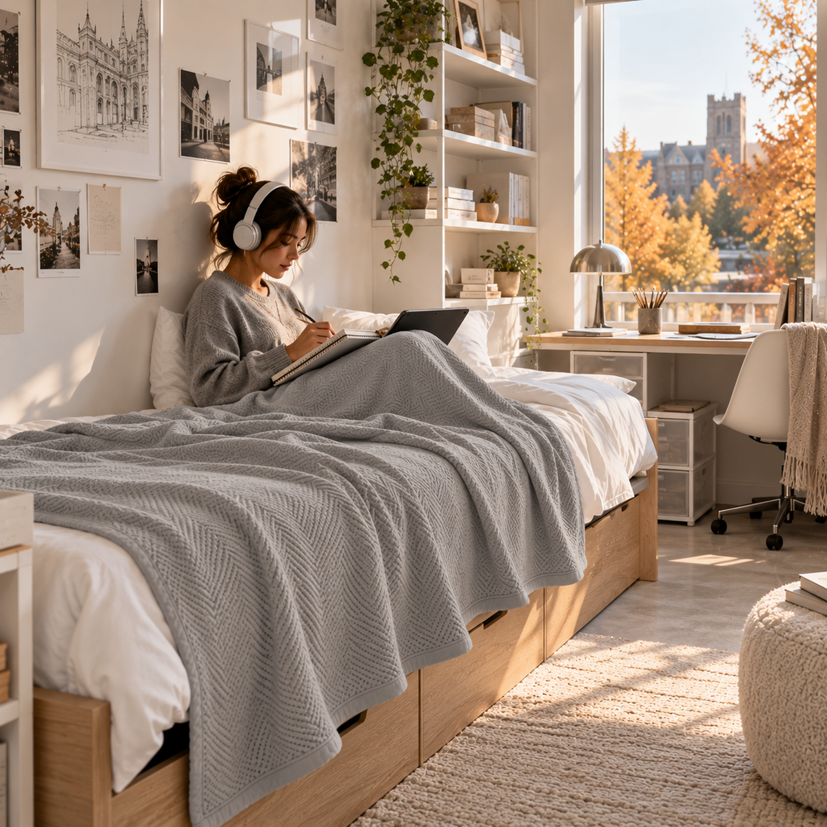 Cotton Herringbone Blanket: Light Grey