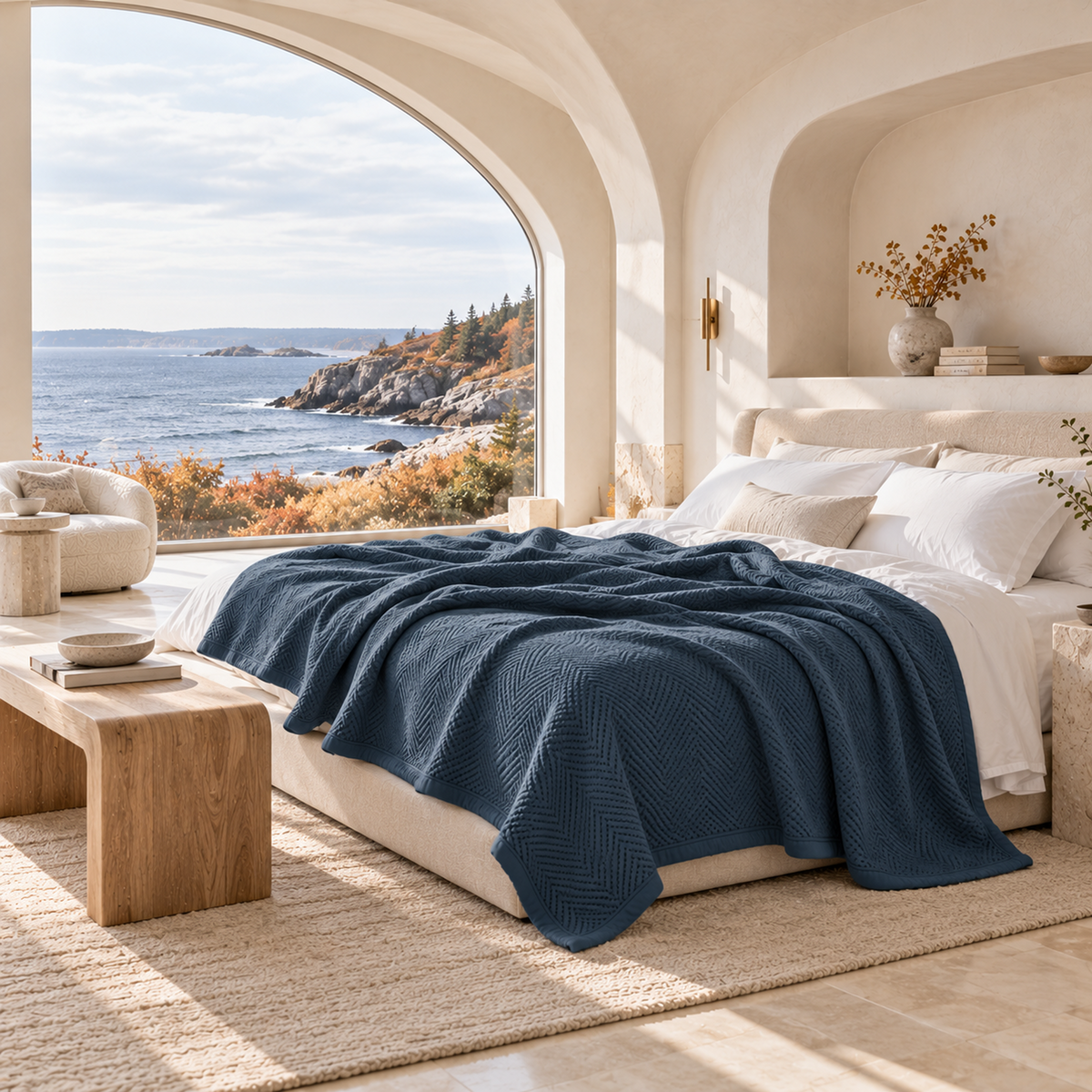 Cotton Herringbone Blanket: Ensign Blue