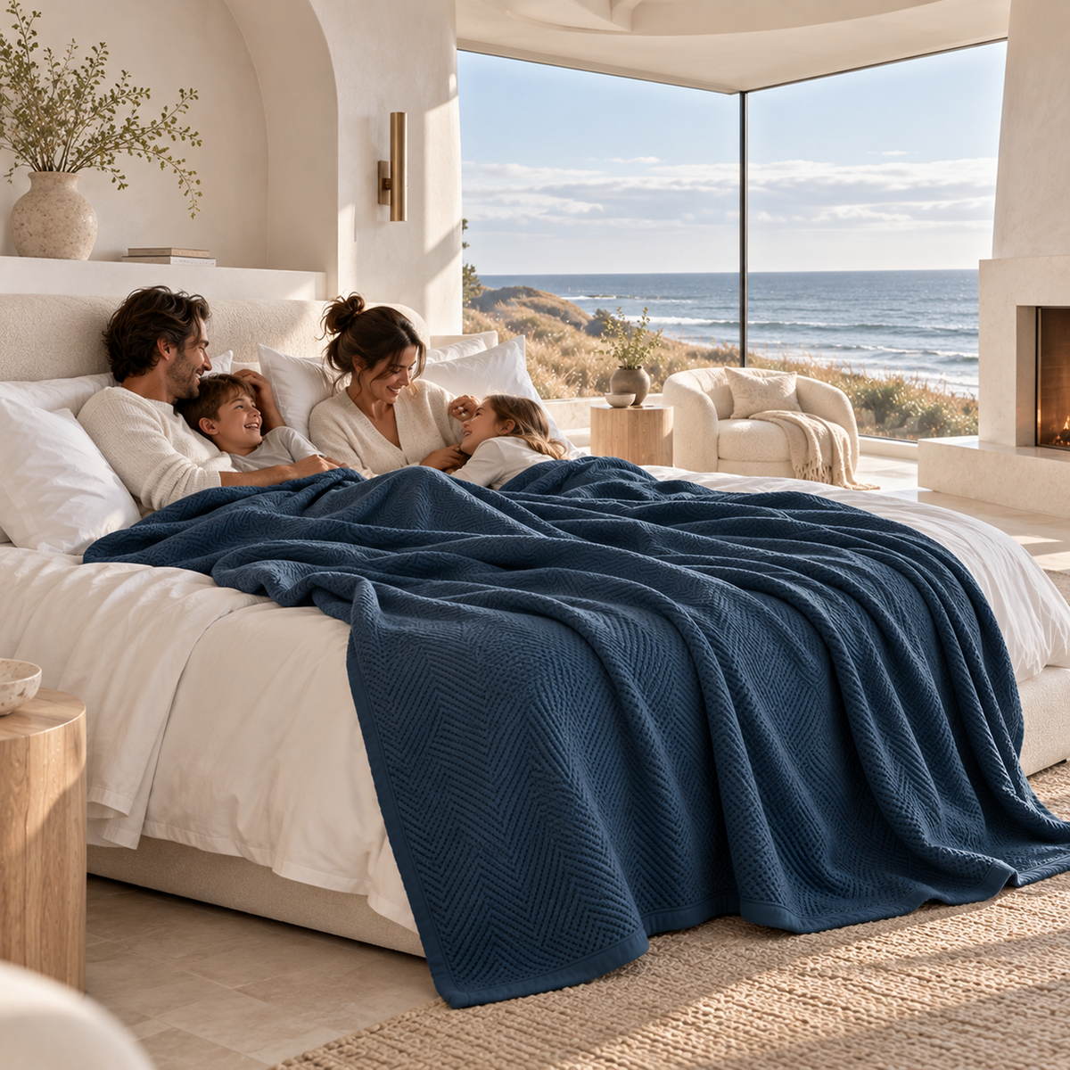 Cotton Herringbone Blanket: Ensign Blue
