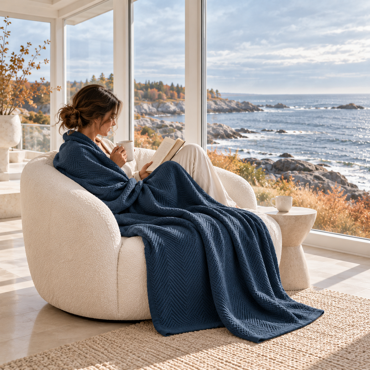 Cotton Herringbone Blanket: Ensign Blue