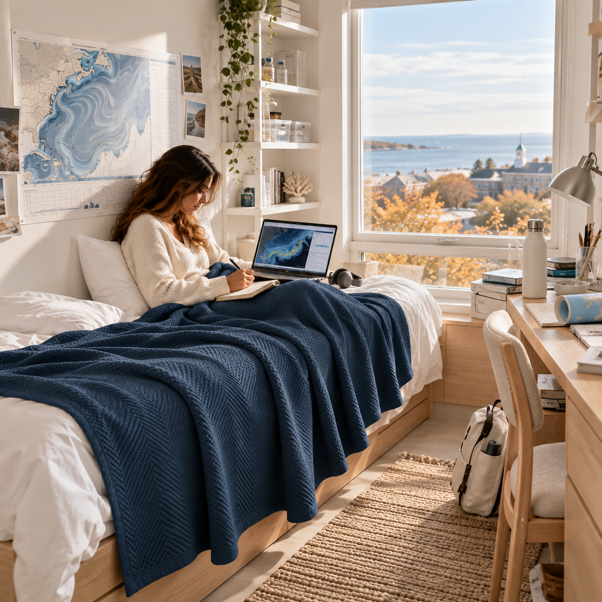 Cotton Herringbone Blanket: Ensign Blue