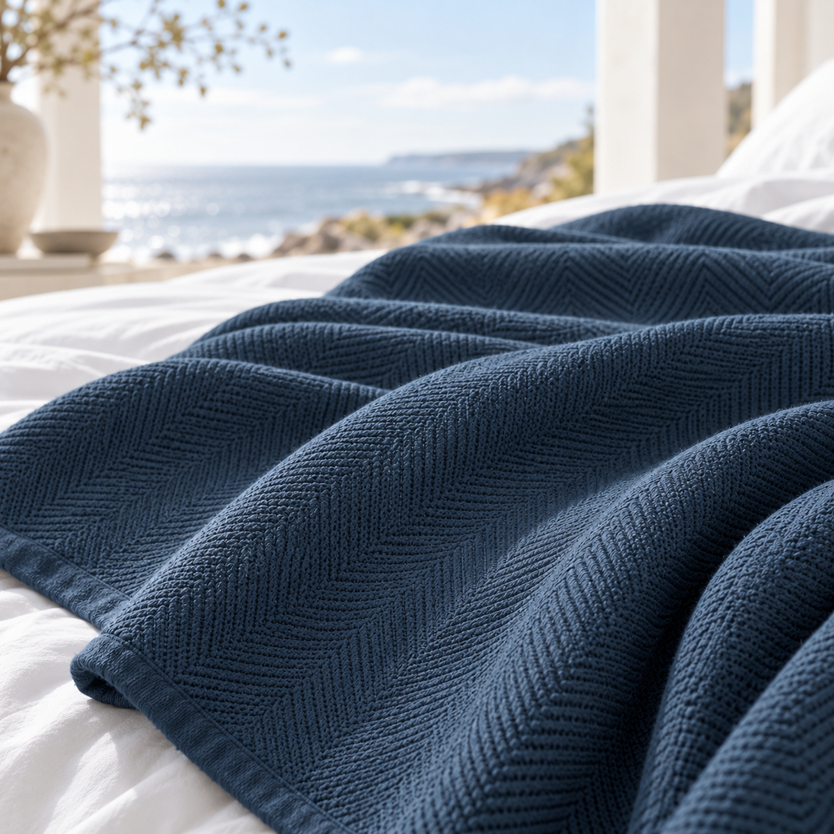 Cotton Herringbone Blanket: Ensign Blue