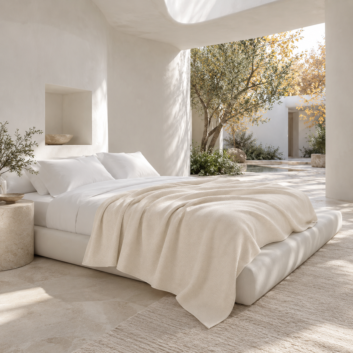 Cotton Herringbone Blanket: Ivory