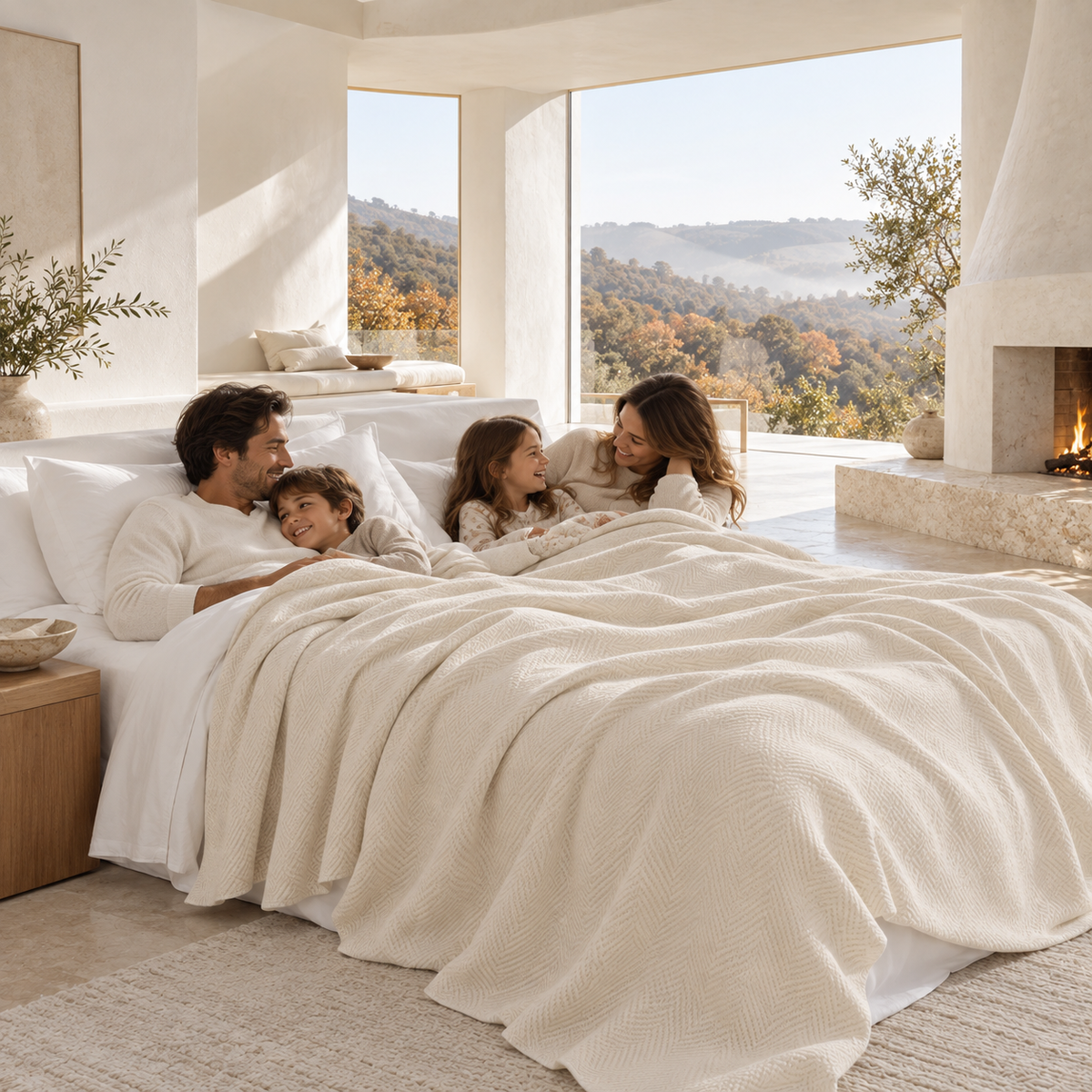 Cotton Herringbone Blanket: Ivory