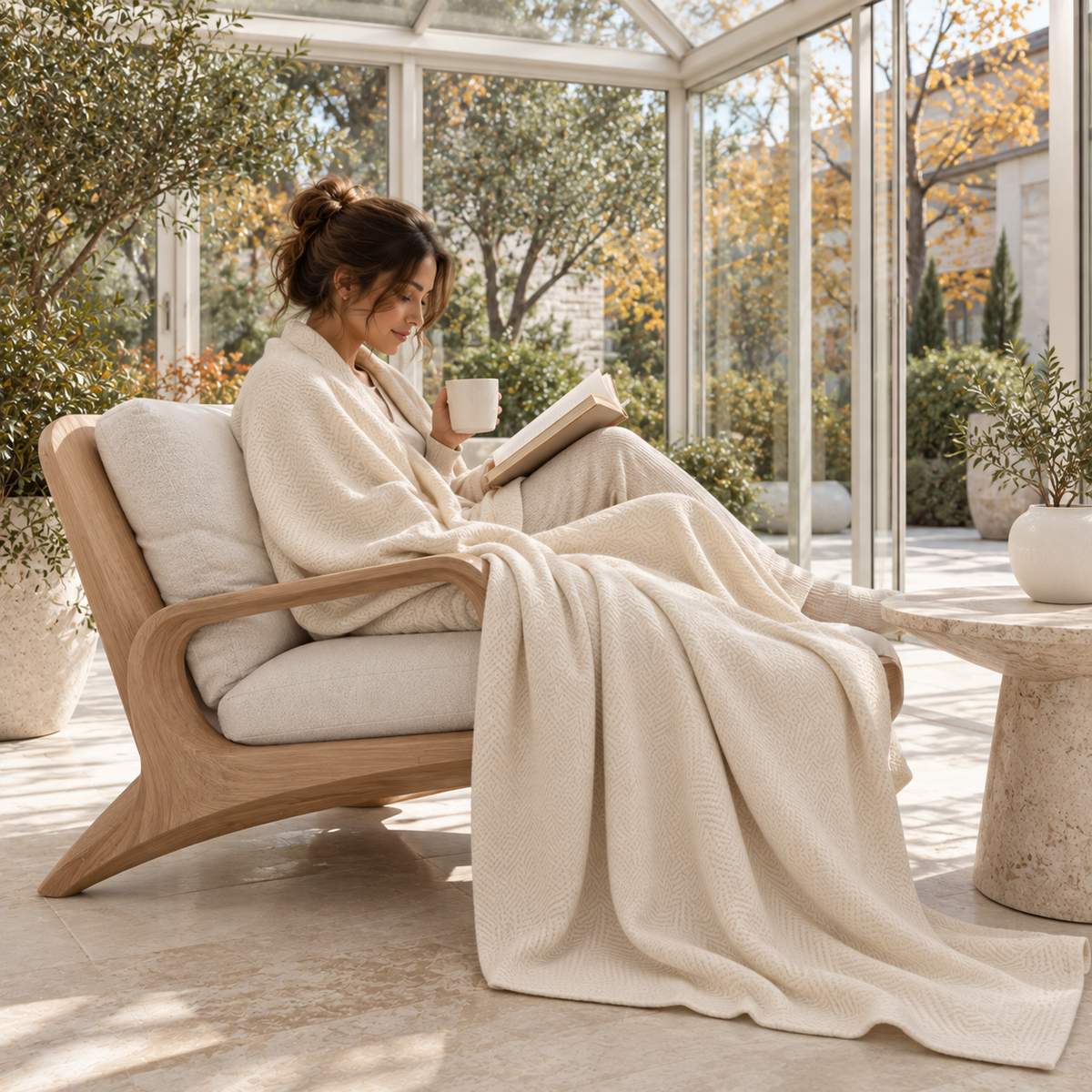 Cotton Herringbone Blanket: Ivory