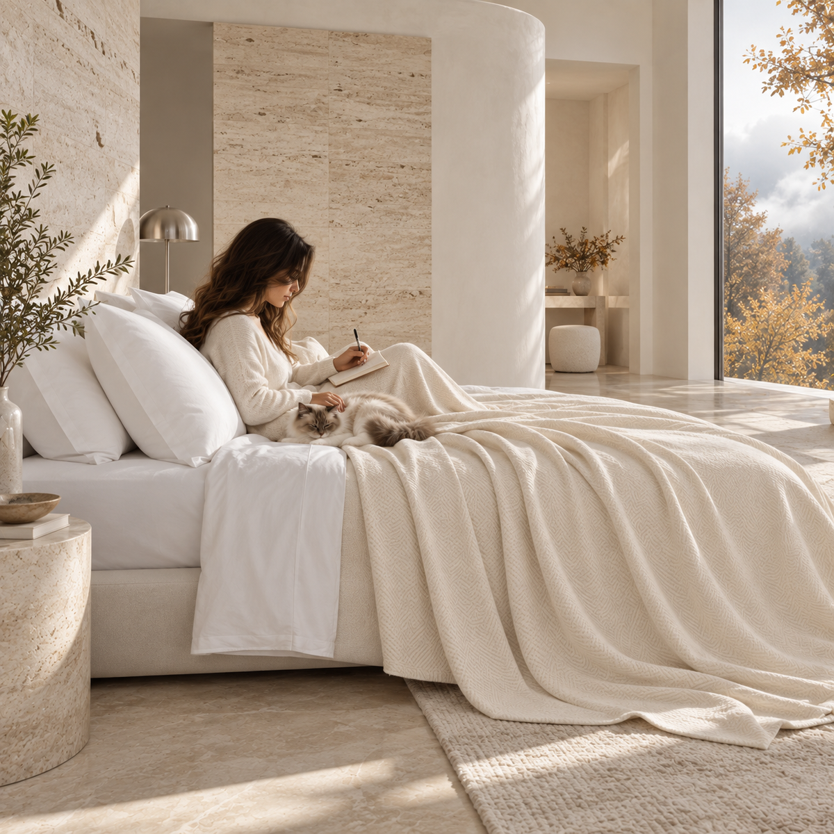 Cotton Herringbone Blanket: Ivory