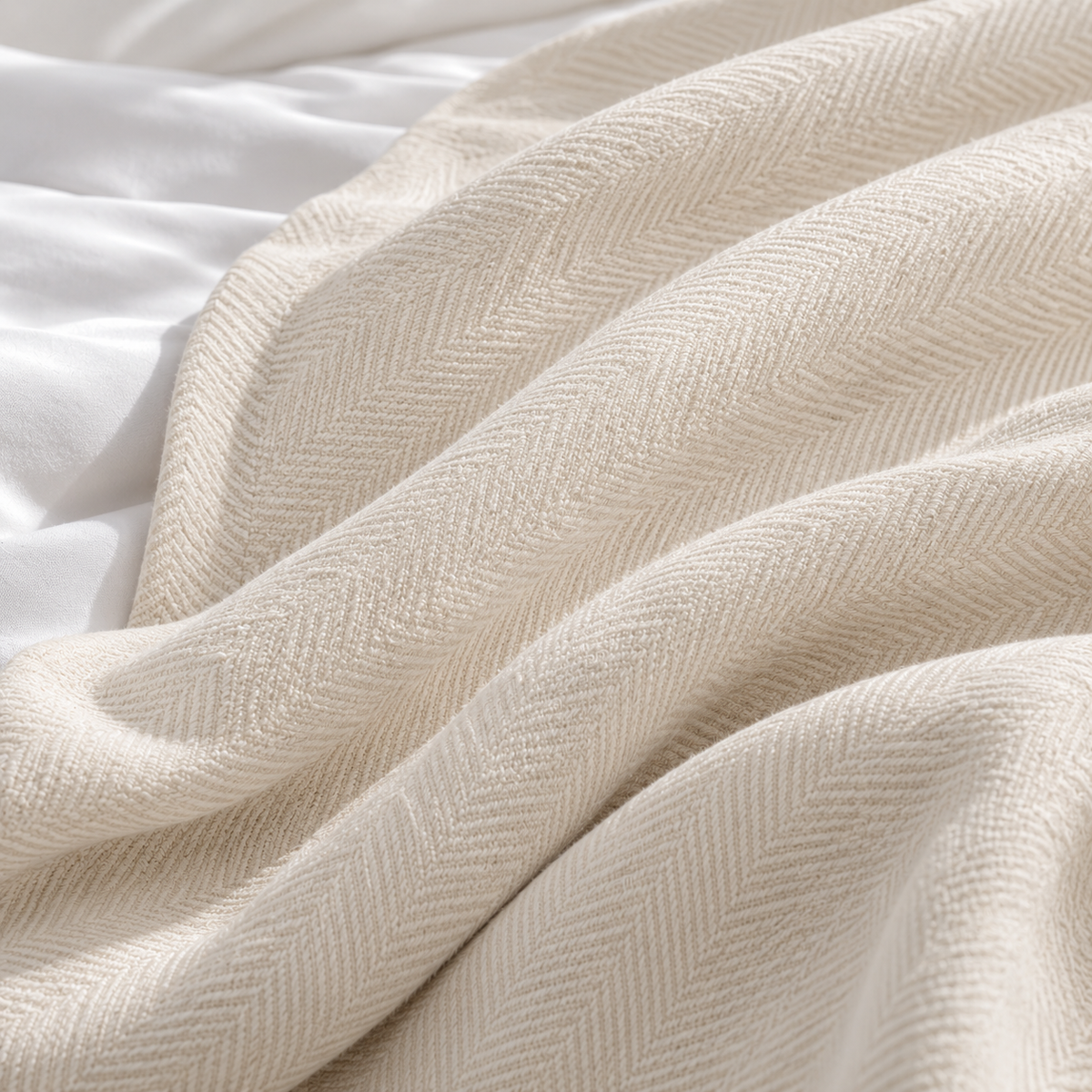 Cotton Herringbone Blanket: Ivory