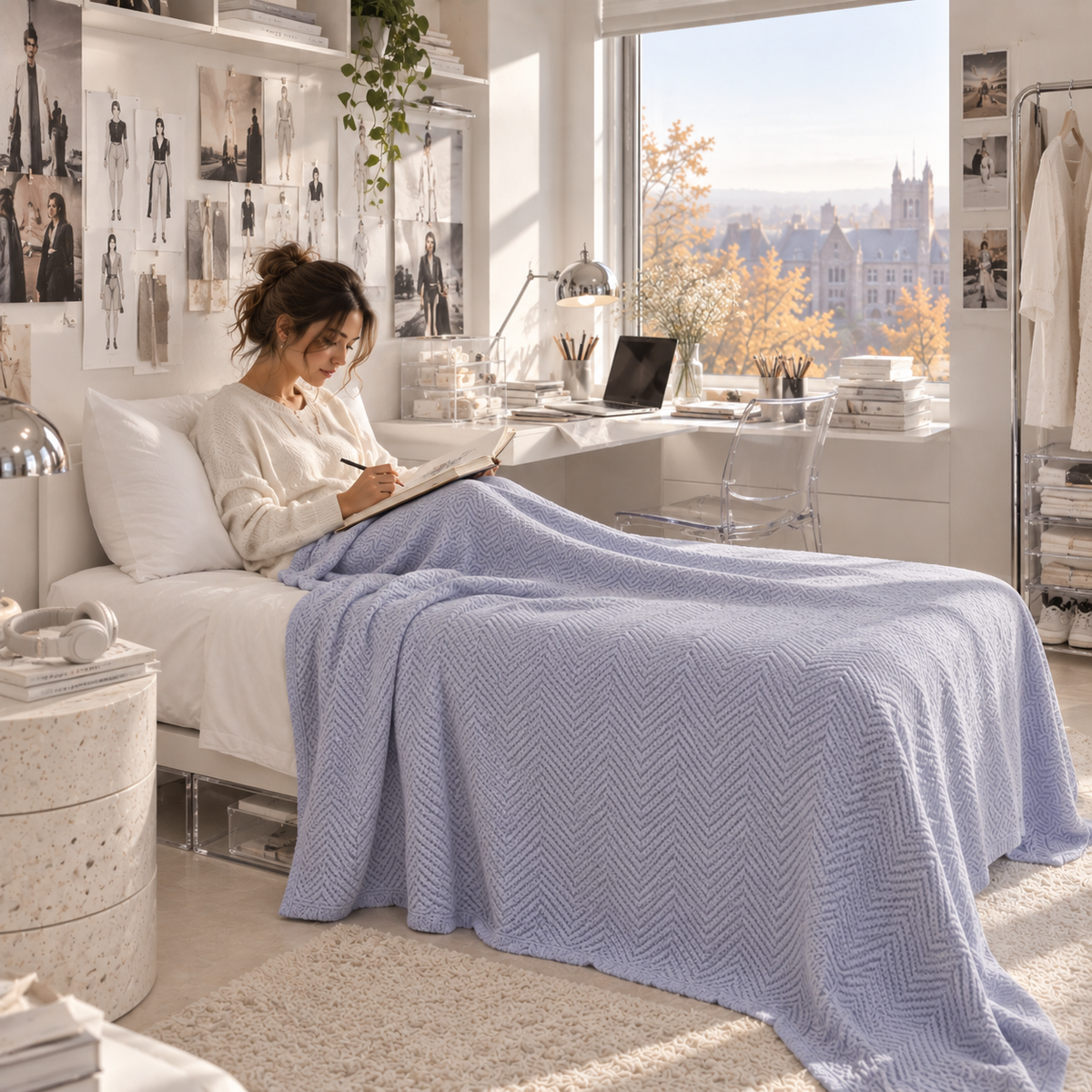 Cotton Herringbone Blanket: Lavender Blue