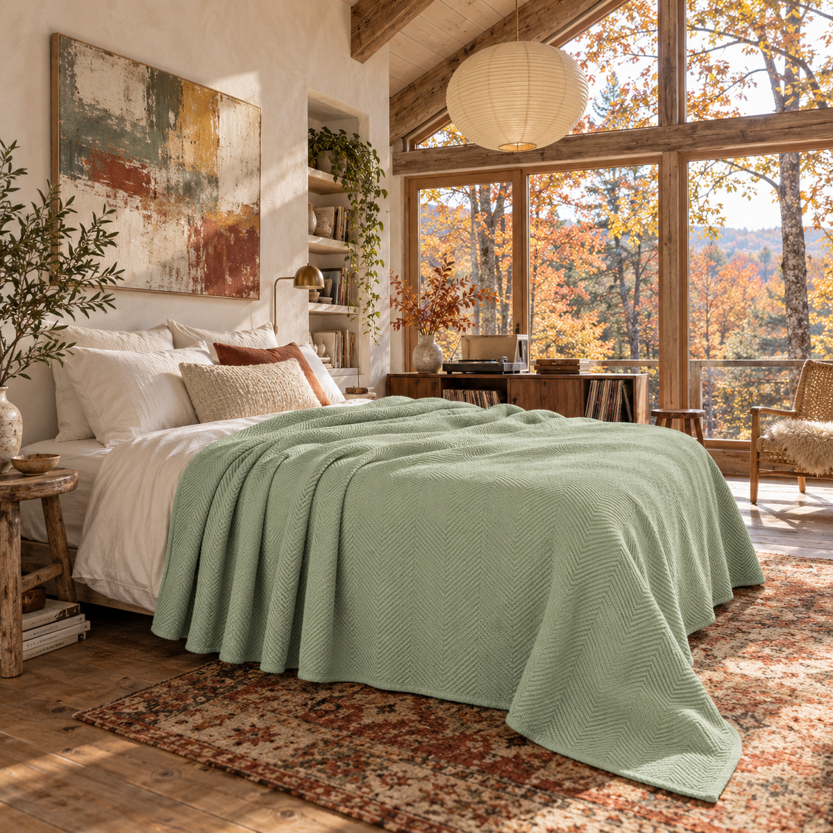 Cotton Herringbone Blanket: Sea Foam