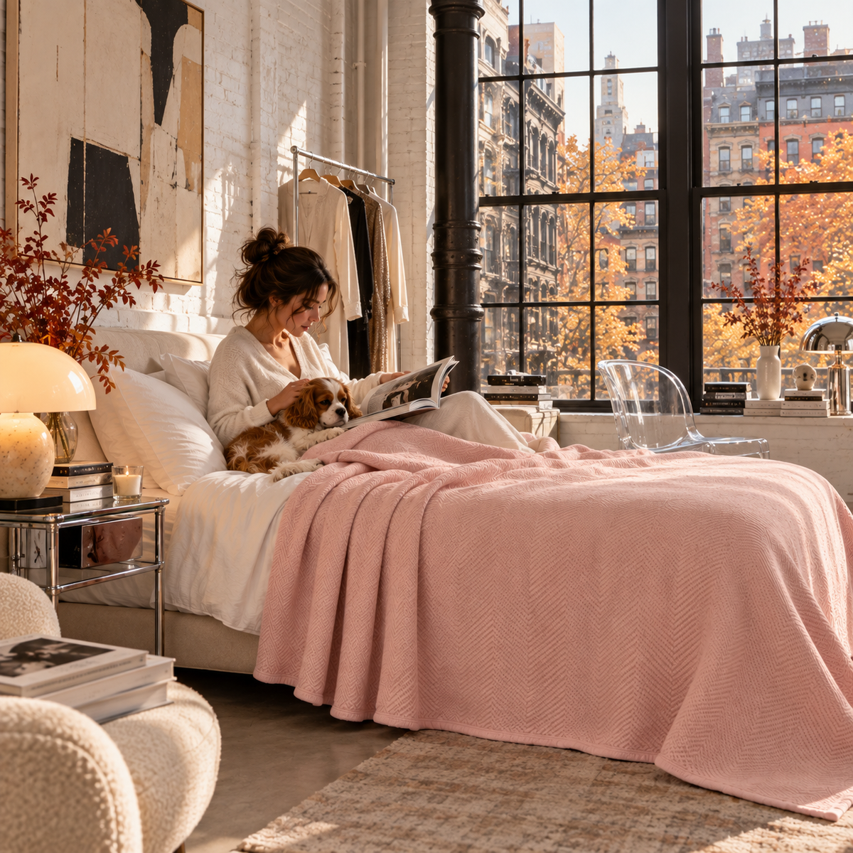Cotton Herringbone Blanket: Sea Shell Pink