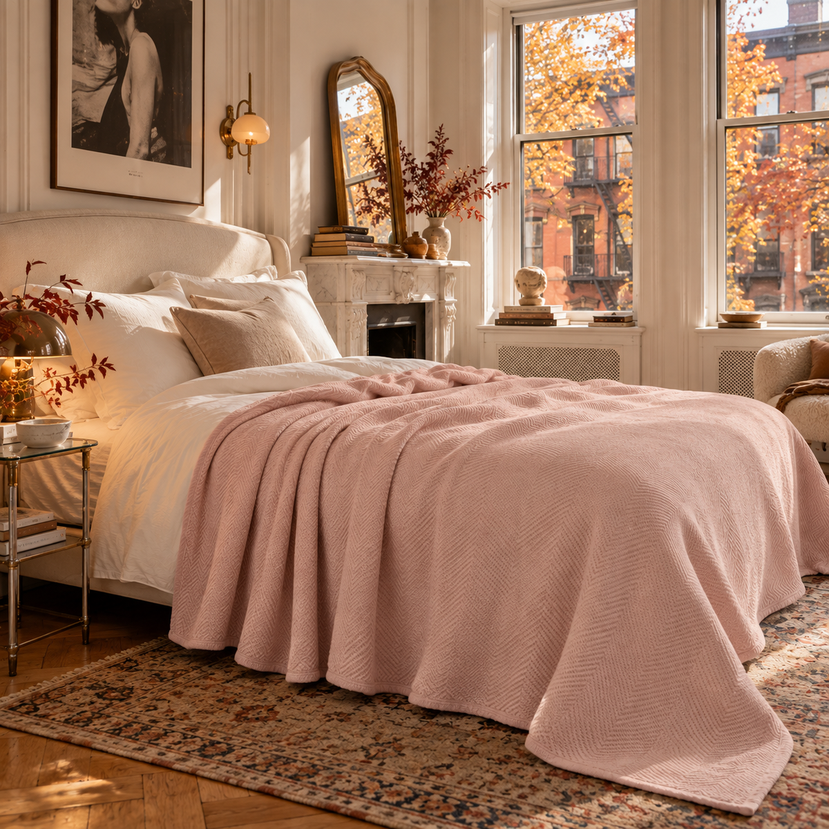 Cotton Herringbone Blanket: Sea Shell Pink