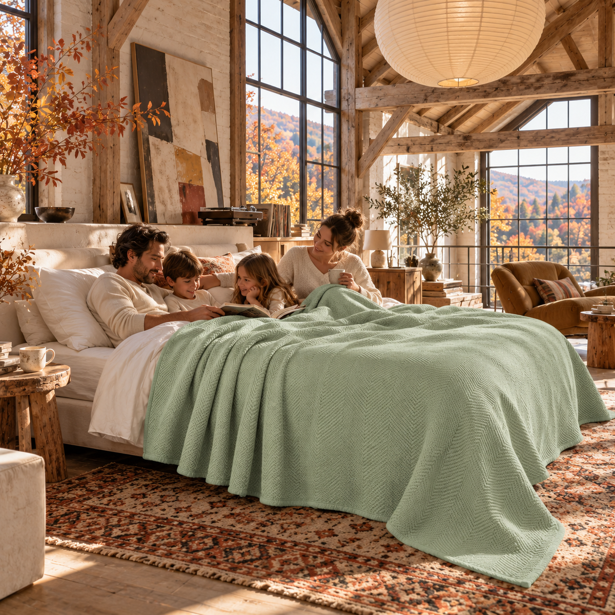Cotton Herringbone Blanket: Sea Foam