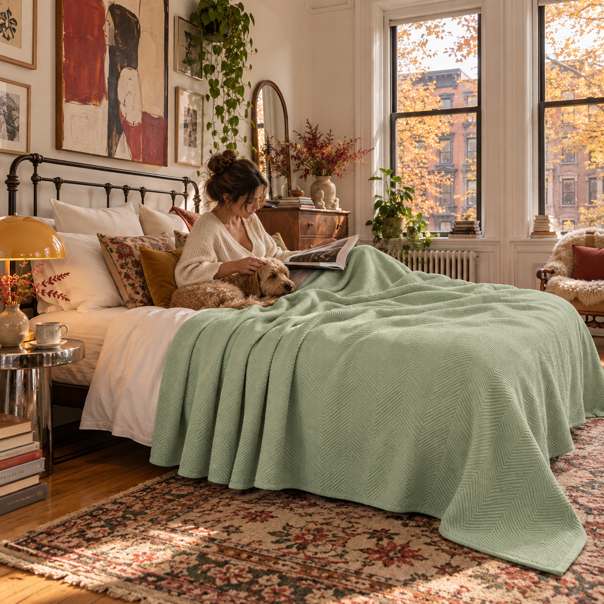Cotton Herringbone Blanket: Sea Foam