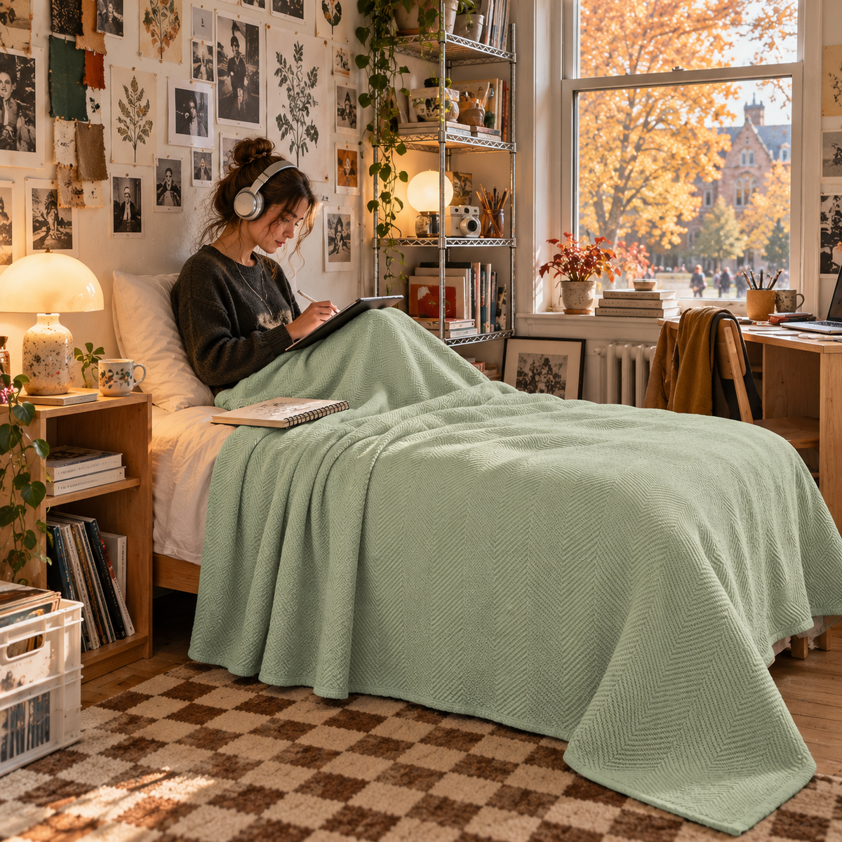 Cotton Herringbone Blanket: Sea Foam