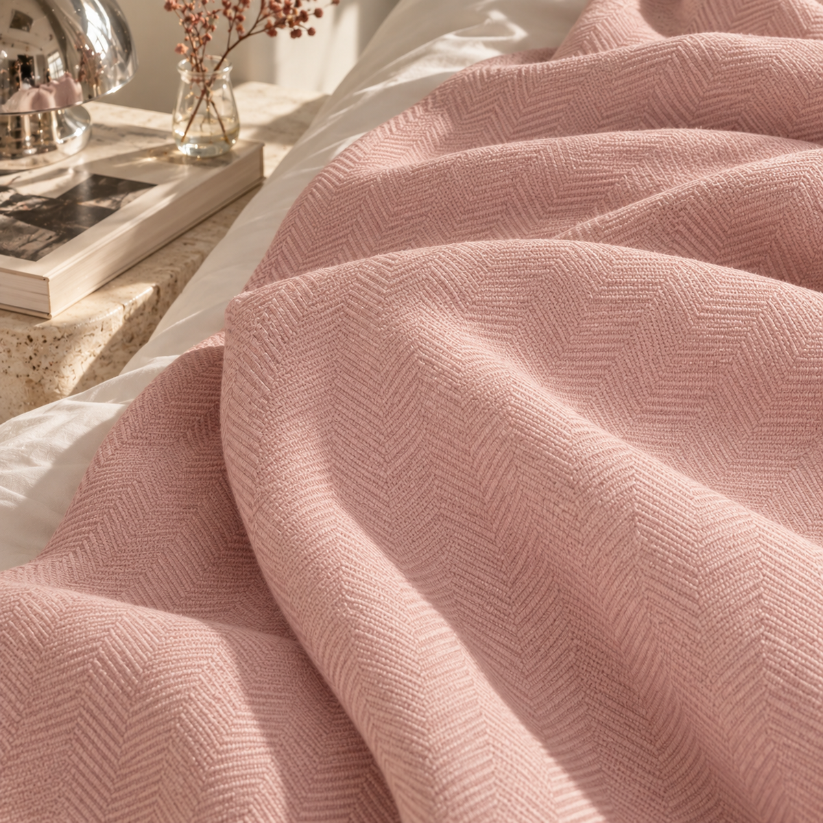 Cotton Herringbone Blanket: Sea Shell Pink