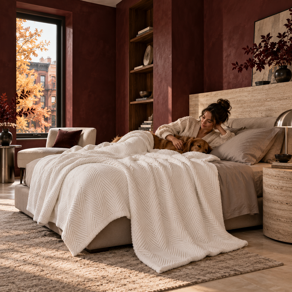 Cotton Herringbone Blanket: White