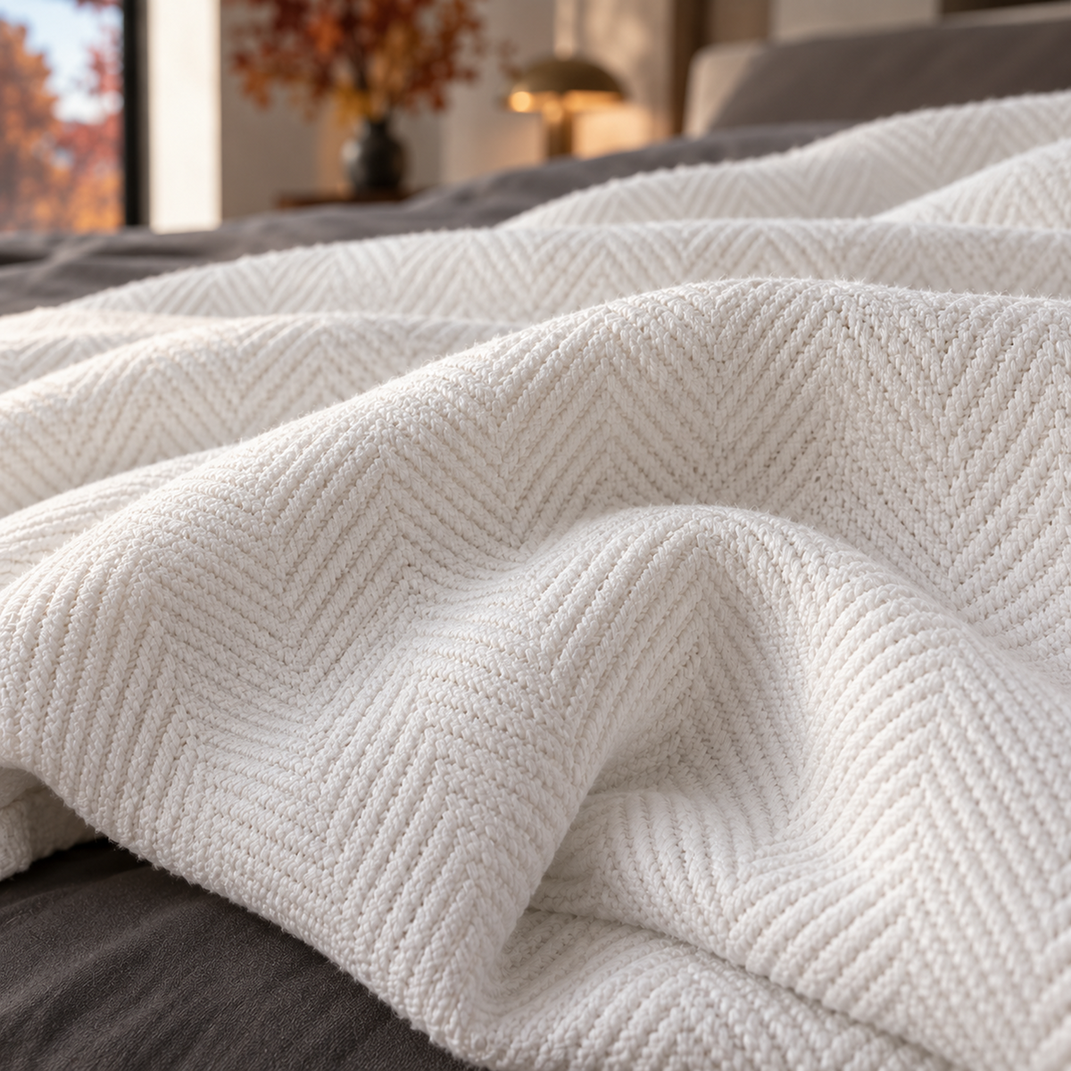 Cotton Herringbone Blanket: White