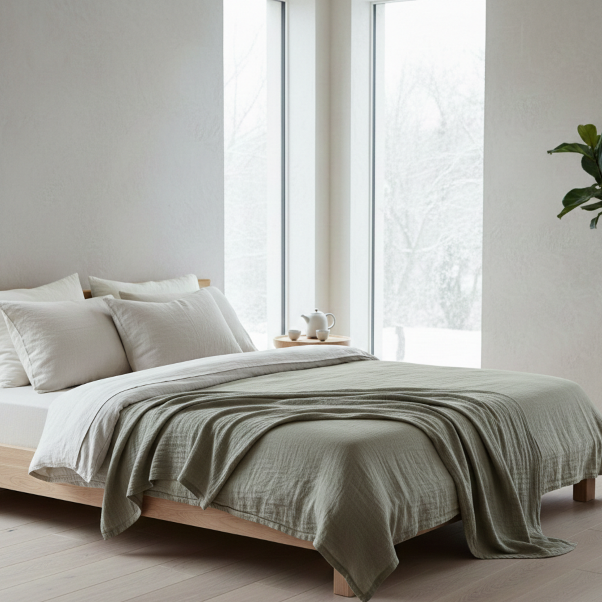 4 Layer Cotton Muslin Blanket: Olive Green