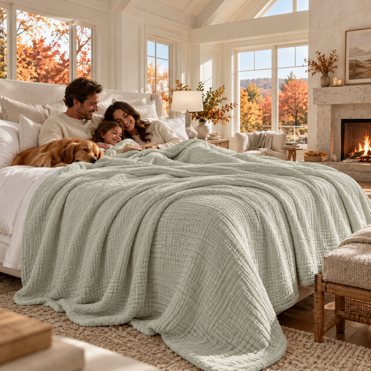 8 Layer Cotton Muslin Blanket - Sea Foam