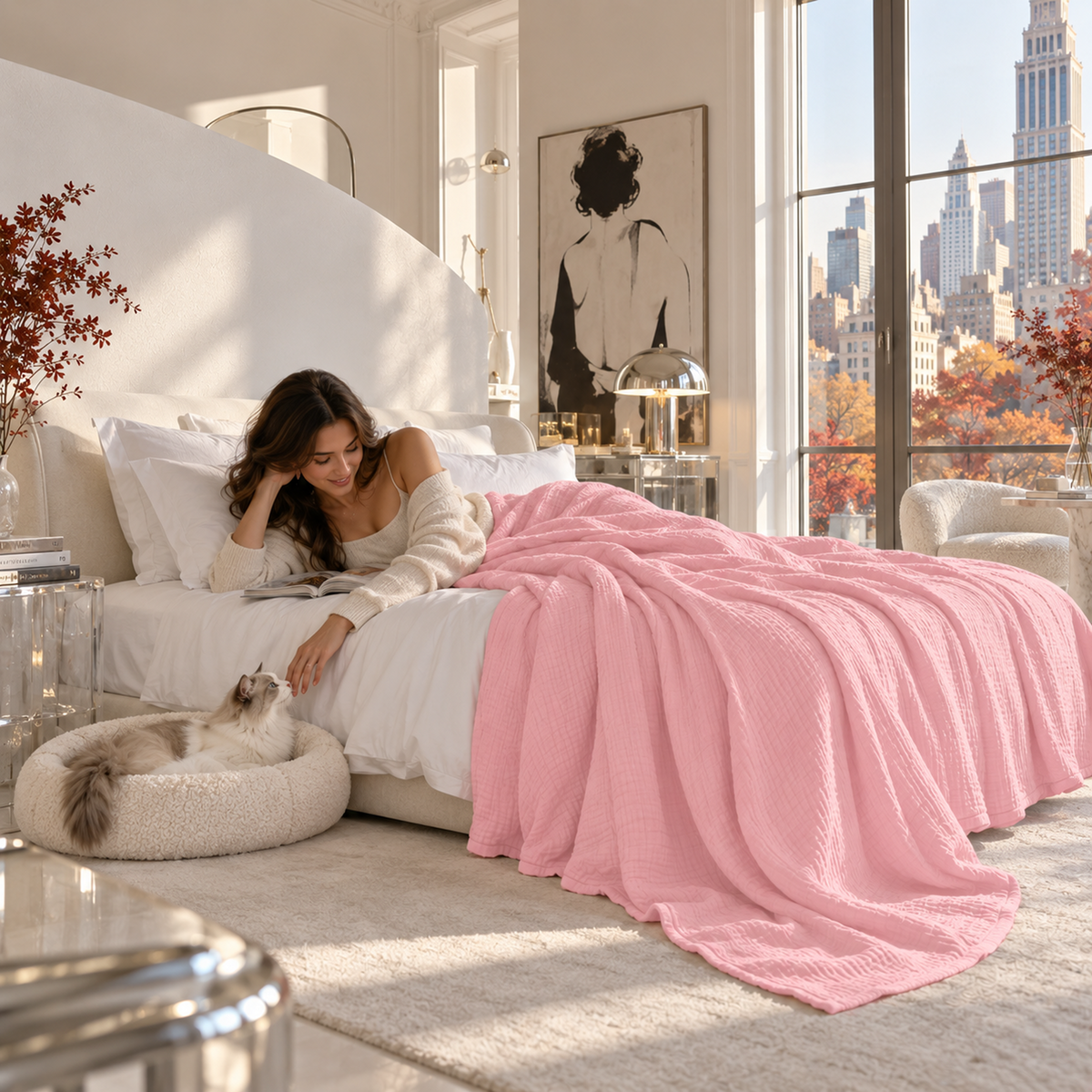 4 Layer Cotton Muslin Blanket : Seashell Pink